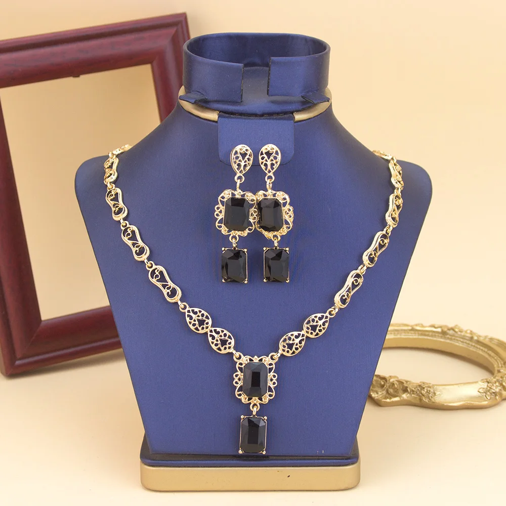 Marokko Stil Halskette Ohrring Set Für Frauen Luxus Arabisch Rot Grün Kristall Quadrat Anhänger Hals Chian Braut Schmuck – Detail 1