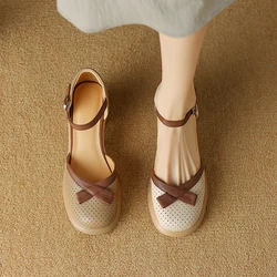 Summer Platform Shoes Closed Toe Womens' Sandals Simple Shoes Real Leather One Strap Lady Pumps Spring Autumn Sandals