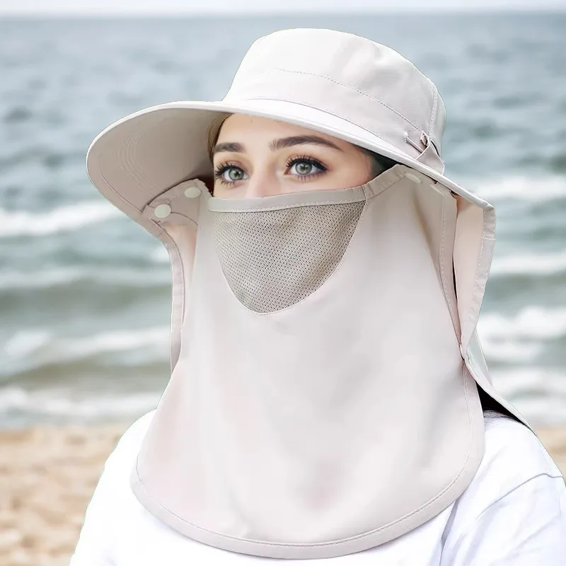 

Summer Sun Hats Large Brim Face Veil Sunscreen Caps For women UV Protection Outdoor Hunting Fishing Cap Neck Flap Visor Caps