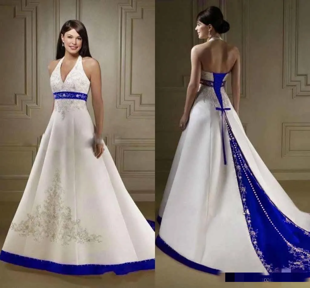 Court Train Ivory and Royal Blue Wedding Dresses 2025 gothic Halter embroidery Lace Up corset country Closure Bridal Gowns