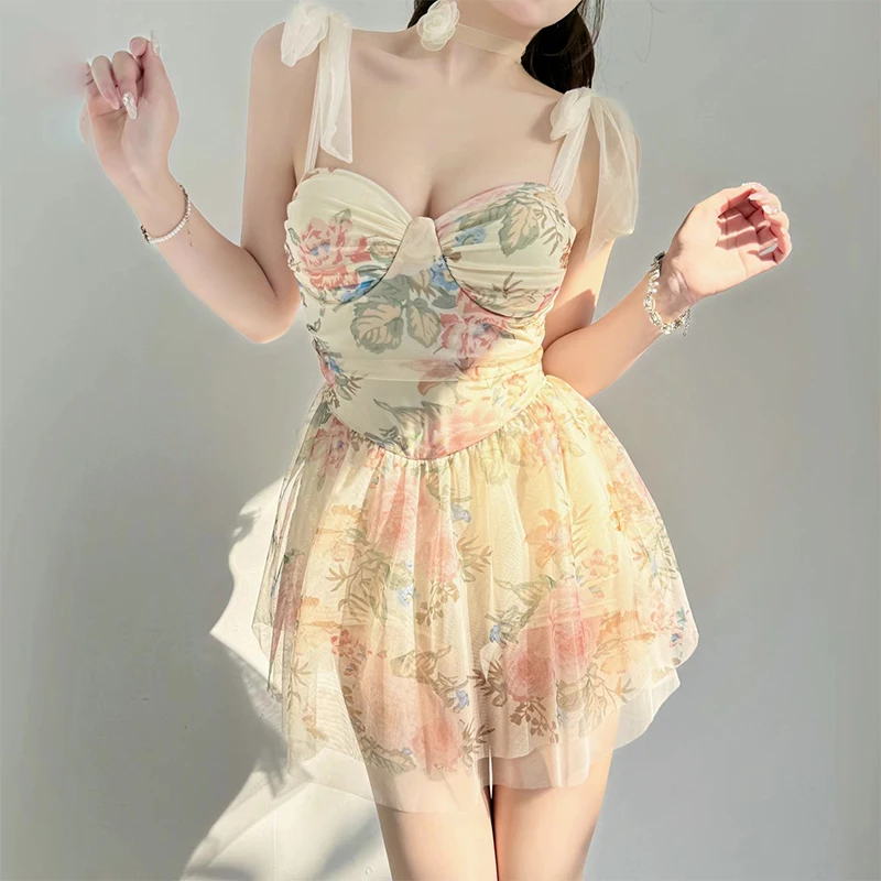Elegant Ribbon Printed Women Swimsuit One-Piece Pleated Lace-Up Slimming Swimwear 2025 New Beach Holiday Puff Hem Bathing Suit