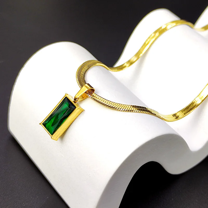 AKOL 316L Stainless Steel Rectangle Green Crystal Zircon Pendant Necklace Earrings For Women Fashion Party Jewelry Set image 4