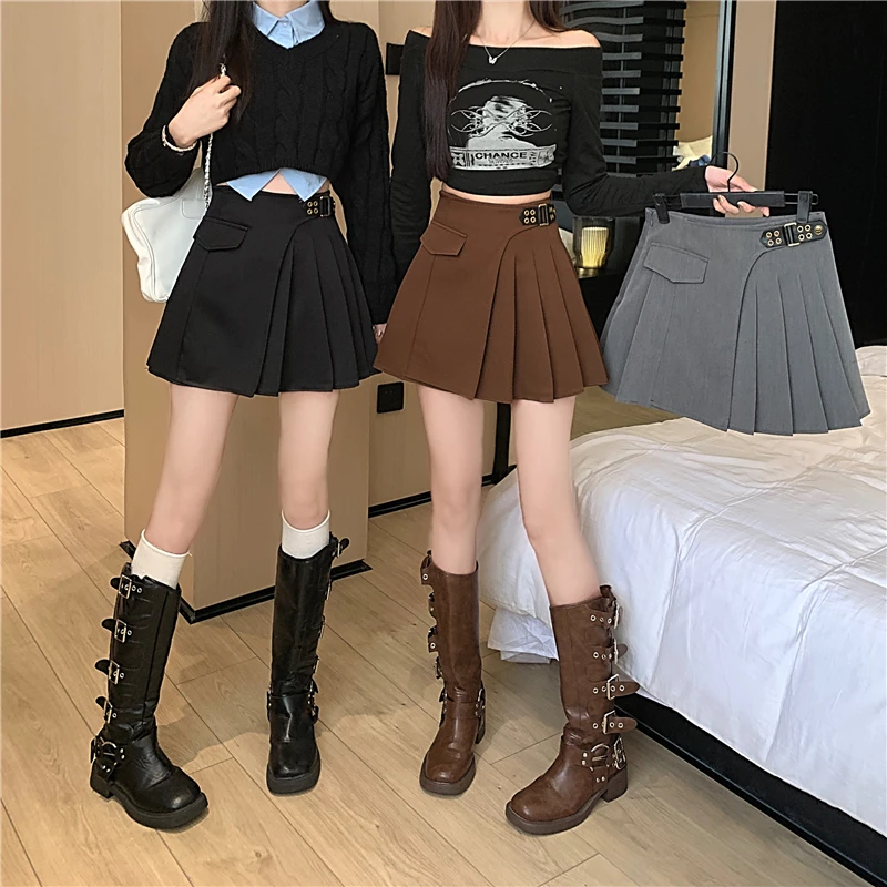 Real Shot Women's New Autumn and Winter A-Word American Short Skirt With High Waist and Pleated Pleats