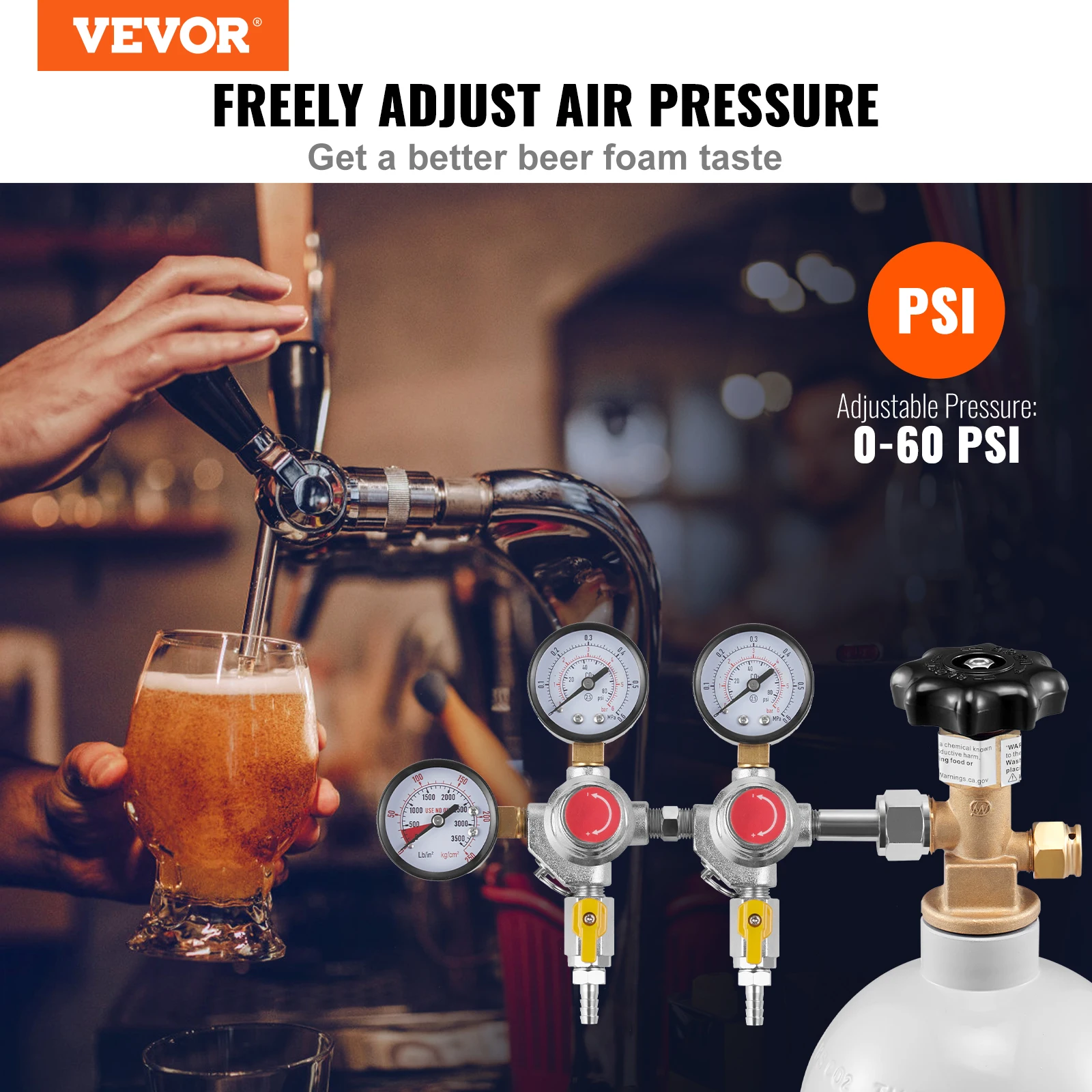 VEVOR CO2 Regulator Dual Triple Gauges with Check Valve Draft Beer Keg Homebrew CGA320 for Beer dispenser Home Bar Use