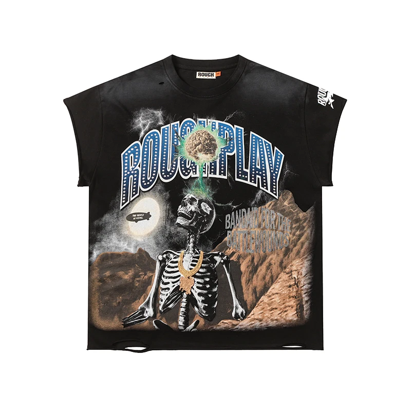 2026 New Arrival Rough Play Men's T-shirt Sleeveless Cut Sleeve Tank Top Retro Hot Diamond Skull Print Broken Edge Black Top