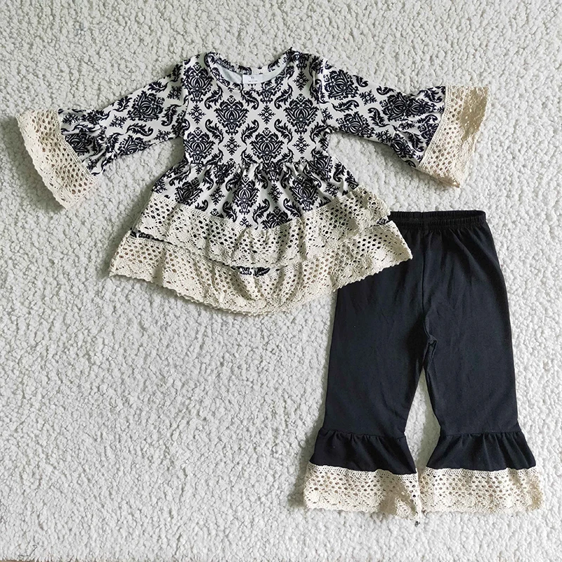 Wholesale Baby Girls Clothes Fall Winter Black Flower Kids Lace Long Sleeves Tunic Ruffle Pants Boutique Children Infant Outfit