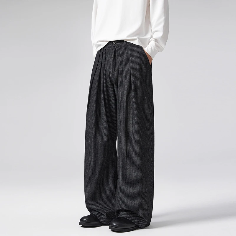 Pleated Striped Denim Pant Men's Streetwea Fashion Casual Loose Long Denim Scimitar Pants Jeans Trousers