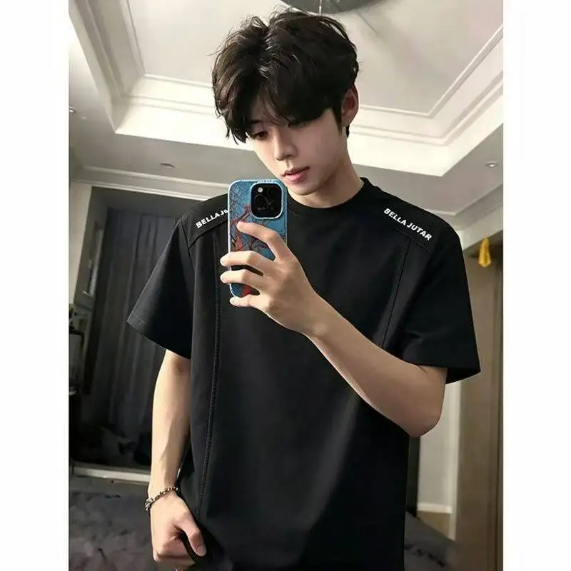 American Casual Embroidered round Neck Short Sleeve T-Shirt Structure Mosaic Half Sleeve Summer High Sensation Men's Fashion