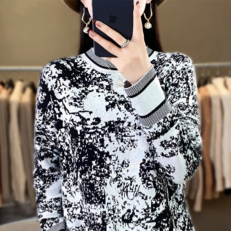 Women Autumn Winter 100% Cotton Sweater Round Collar Traditional Chinese Ink Painting Pullover  Knitted Warm Bottoming Tops