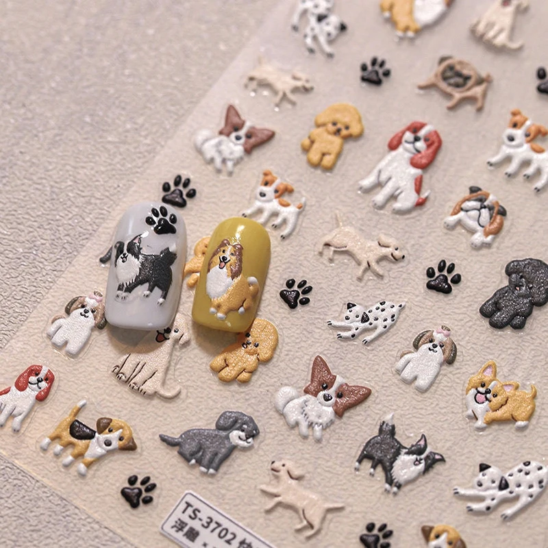 5D Embossed Cute Cartoon Cat Dog Design Nail Art Sticker Decals Self Adhesive Supplies For Women And Girls