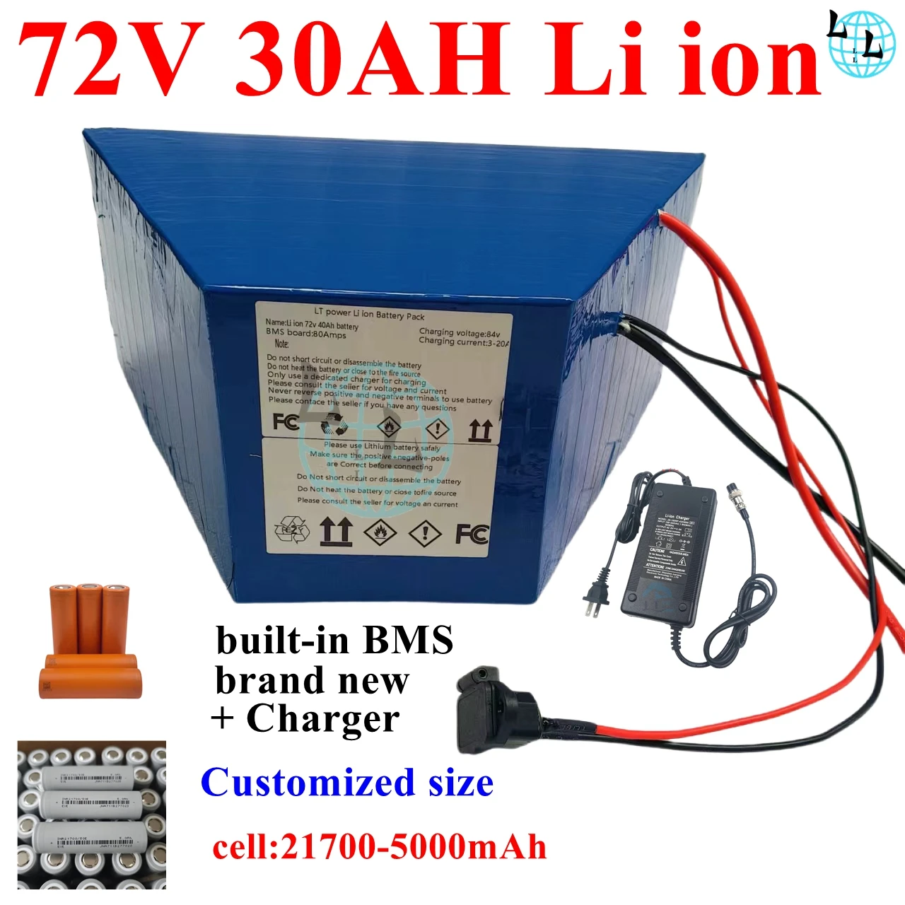 72v 30Ah lithium triangle battery BMS 20S li ion for 5000w 3000W Mountain Bike scooter Motorcycle + 5A charger