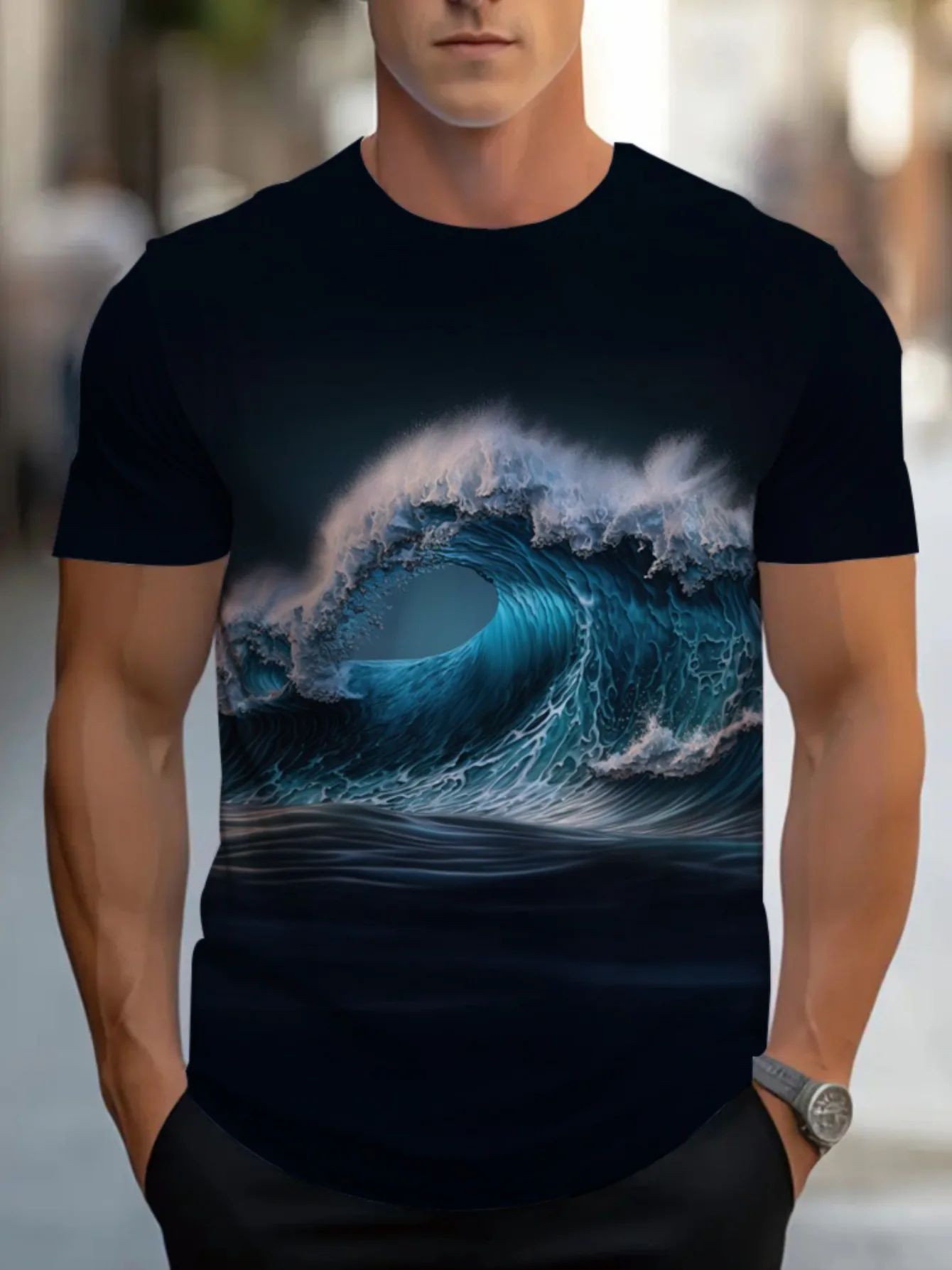 T-shirt nautique à manches courtes pour homme - Chemise d'été légère bleu foncé avec imprimé vagues océaniques et mer, respirante, décontractée, pour la plage