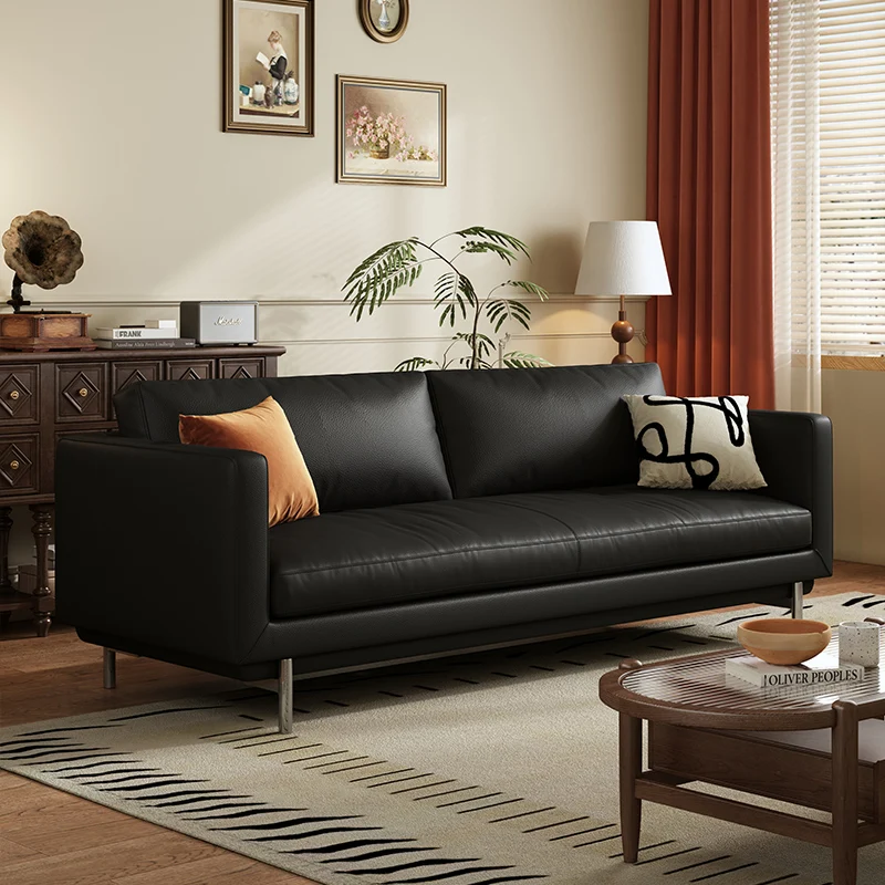 

Xiyuan French retro style minimalist modern straight row sofa Nordic black leather American industrial style living room sofa