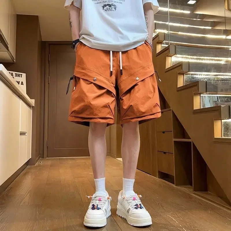 

Мужские шорты-карго большого размера с эластичной резинкой на талии и мешковатыми свободными однотонными короткими брюками большого размера для мужчин, широкие дизайнерские новинки