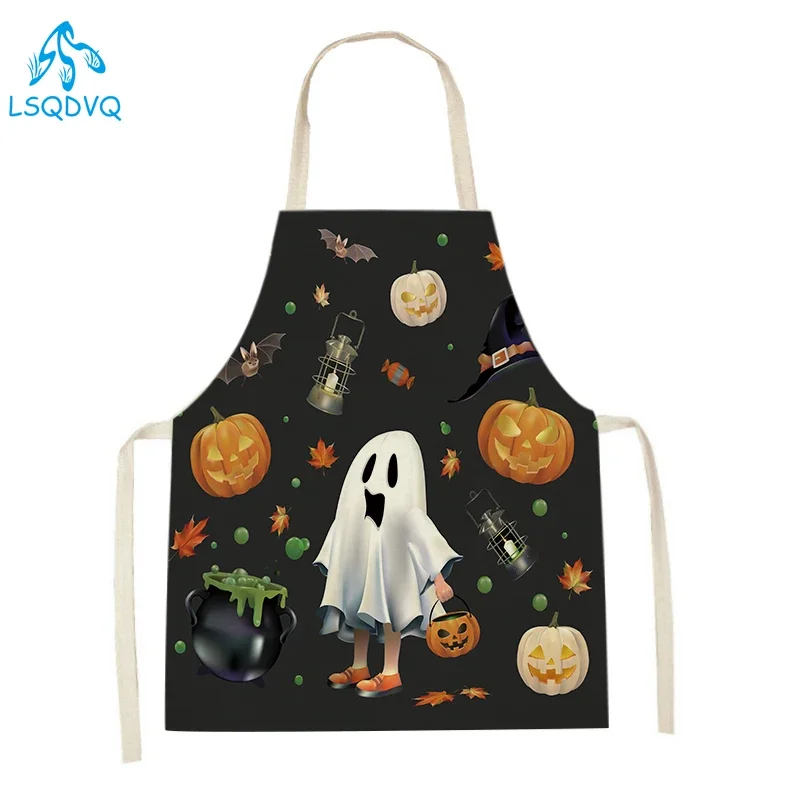 

Кухонные фартуки с принтом тыквы и ведьмы «Счастливый Хэллоуин» для женщин и мужчин, домашняя кулинария, выпечка, чистка, льняной фартук, кухонные аксессуары