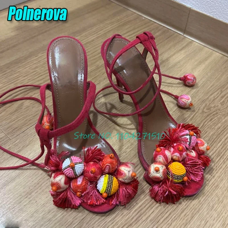 

Сексуальные замшевые красные сандалии с кисточками Sweet Bobbles с открытым носком и ремешком на щиколотке, летние женские модельные туфли на высоком каблуке-шпильке для свадебной вечеринки