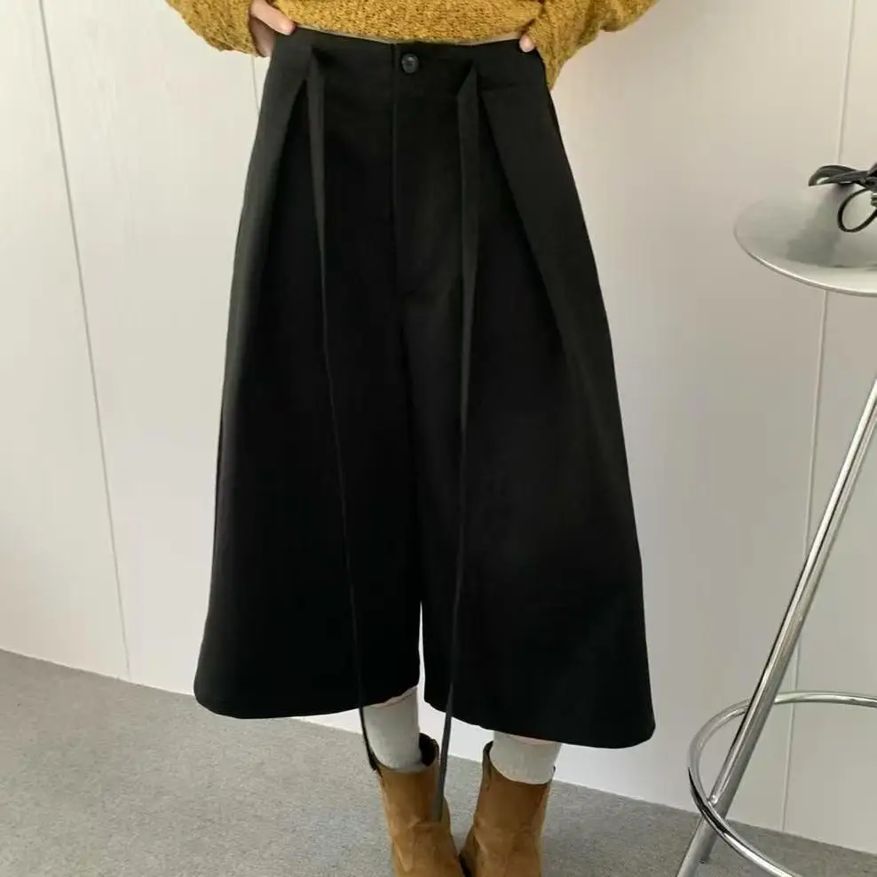 Winter black casual pants simple casual double-sided pocket wide-leg pants high-waisted micro-elastic cropped pants