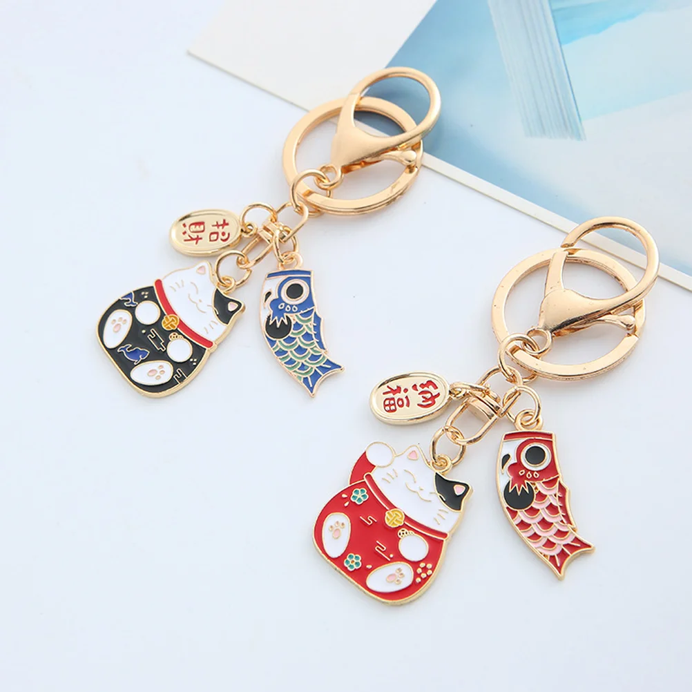 2 Pcs Japanese Cat Keychain Red Decorative Bag Pendant Craft Accessory New Year Gift Schoolbag Decor Key