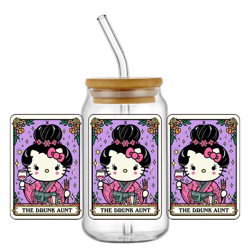 Miniso New Design Hello Kitty Tarot Kawaii For Libbey 16oz Can Glass Mug 3D Waterproof UV DTF Coffee Can Wrap Libbey Glass Wrap