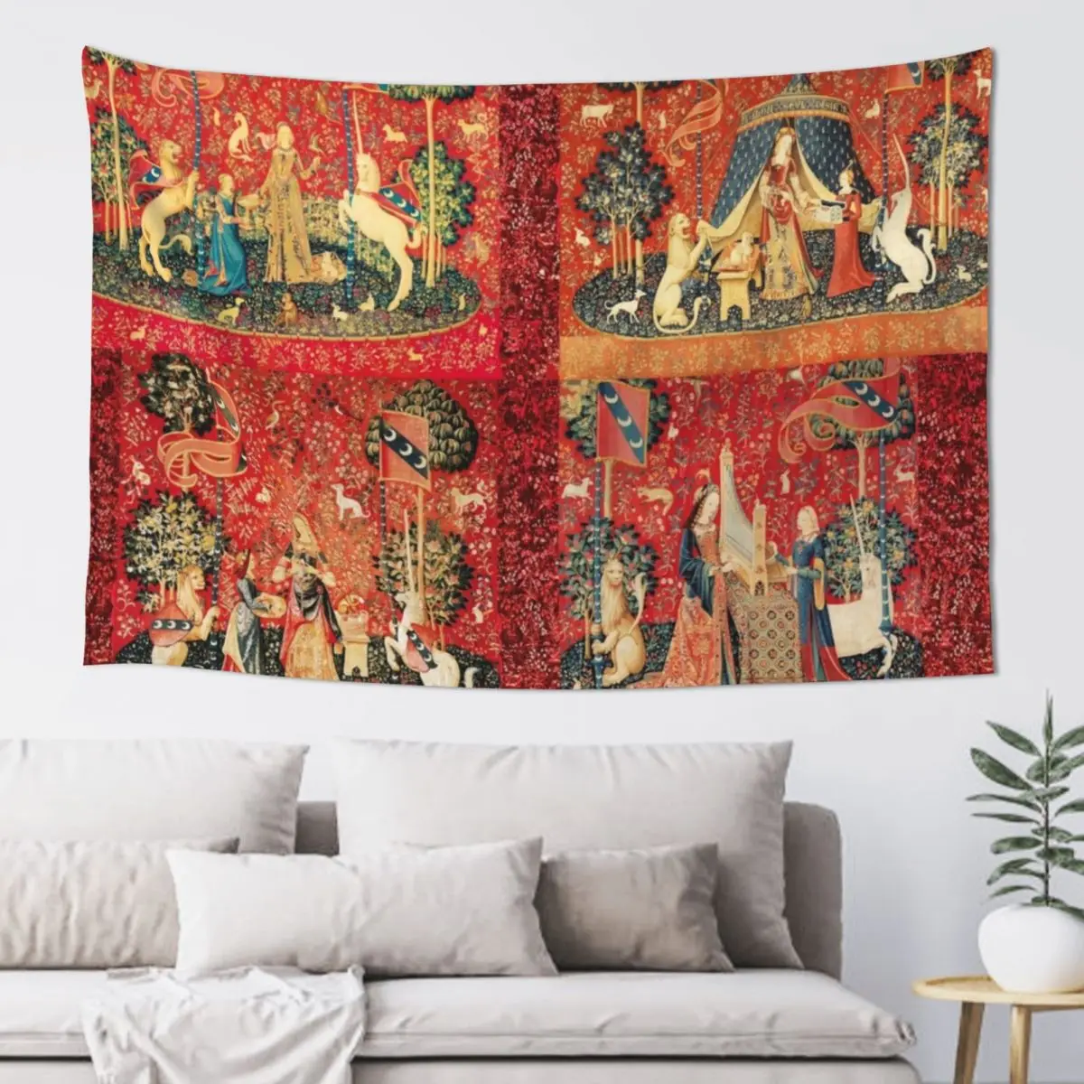 

FOUR LADY AND UNICORN STORIES ,Fantasy Flowers,Animals, Red Green Floral Collection Tapestry Carpet Wall Tapestry