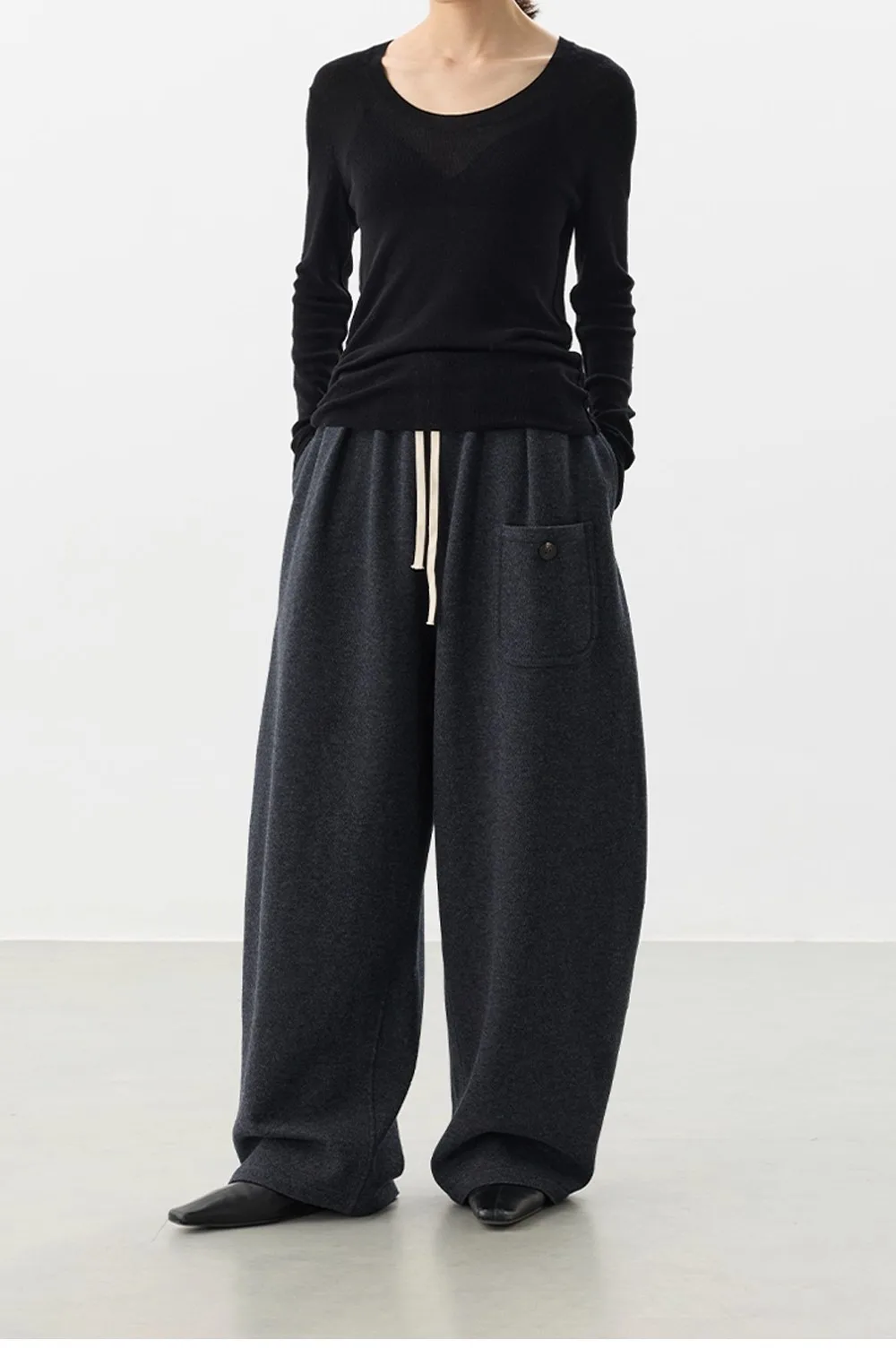 Curved Hem Pants~Wool Elastic Waist Wide-Leg Casual Pants for Women, 2025 Winter Fashionable Thickened Floor-Length Pants