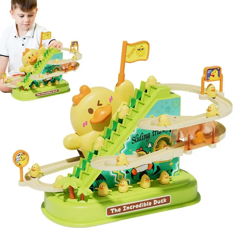 

Ducks Climbing Stairs Toys Stair-Climbing Duck Cartoon Race Track Set With Lights & Sound Track Slide Stairs Indoor Toy For