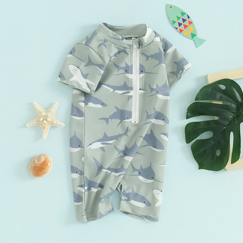 

Shark Print Baby Boy Swimsuit Romper Zipper Swimwear Toddler Rash Guard Bathing Suit Short Sleeve Sun Protection