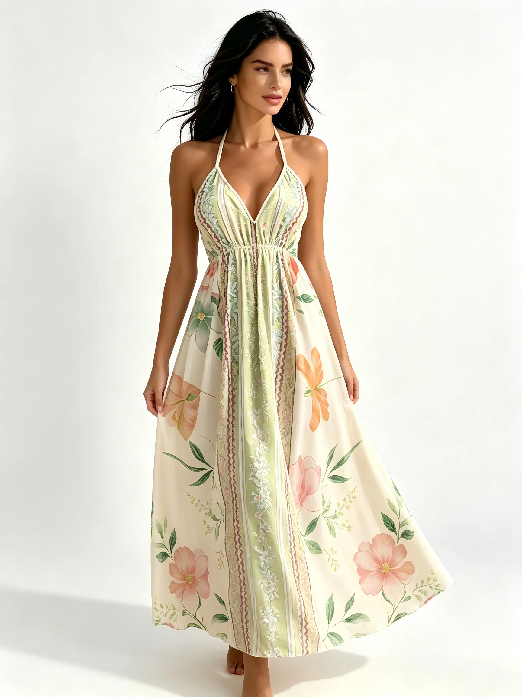 Neue Sexy Print Floral Neckholder Kleid Boho Strand Schwimmenden Voller Rock Elegante Party Feminine Kleidung Mode Artikel Sommer Kleid