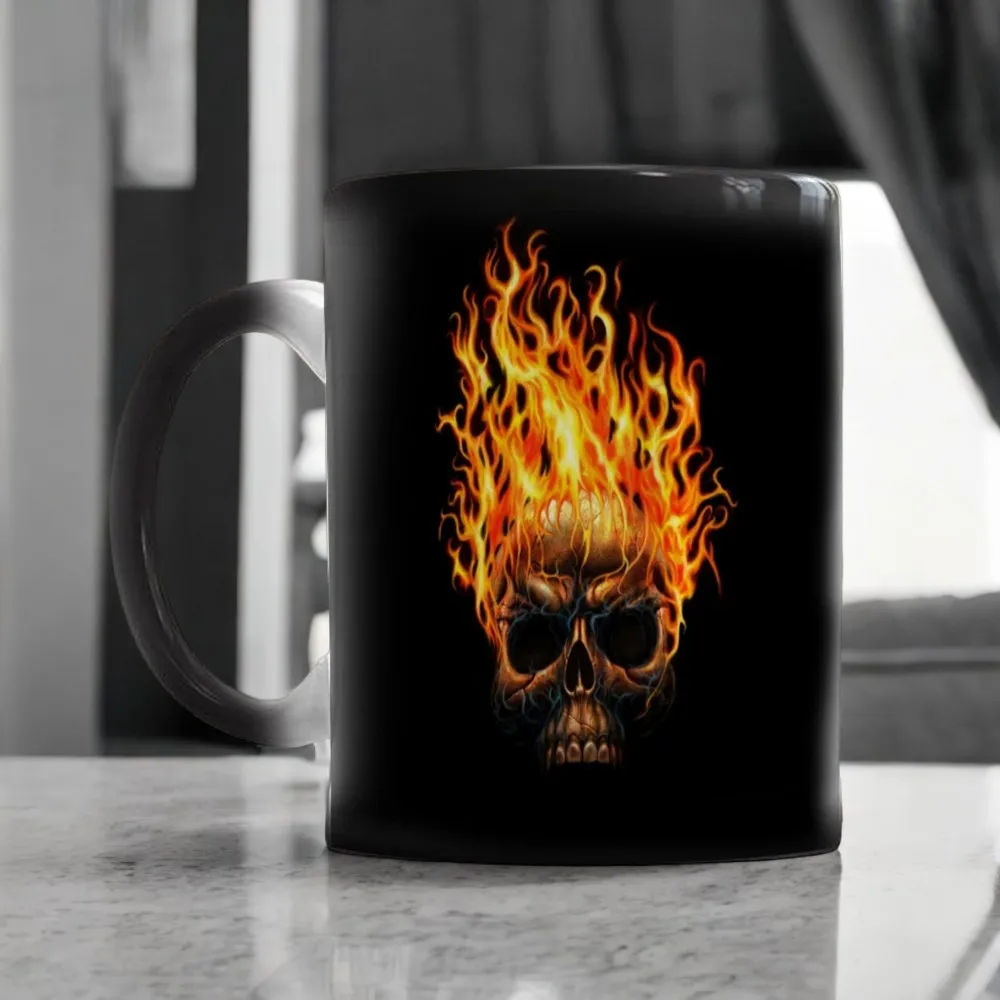 Color Changing Flame Skull Magic Coffee Mug - Stunning 11oz Ceramic Heat Mug for Boy Friends, Husband - Unique Birthday Gift Mug