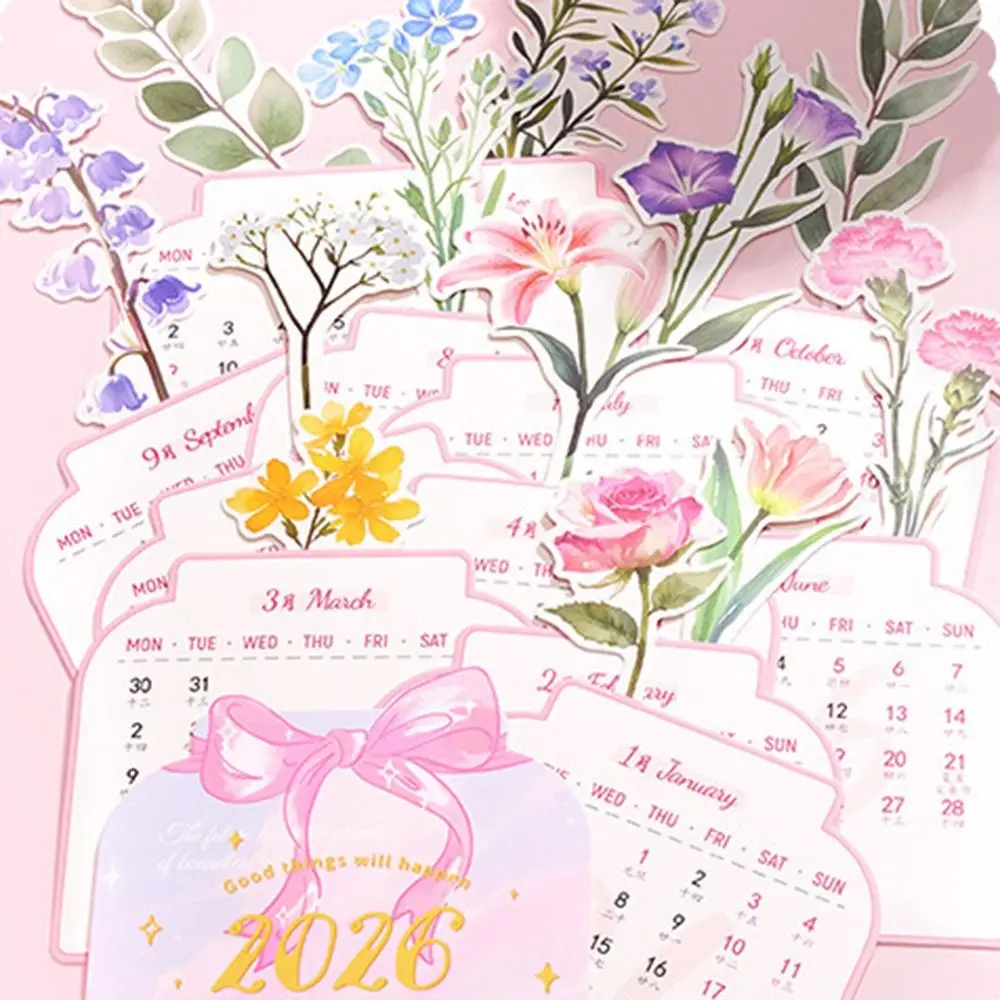 ปฏิทินตั้งโต๊ะปี 2026 ฐานไม้แบบใหม่ รูปทรงแจกัน ฐานถอดออกได้ วางแผนรายเดือน แสดงวันที่แบบ DIY ปฏิทินตั้งโต๊ะลายดอกไม้บานสะพรั่ง