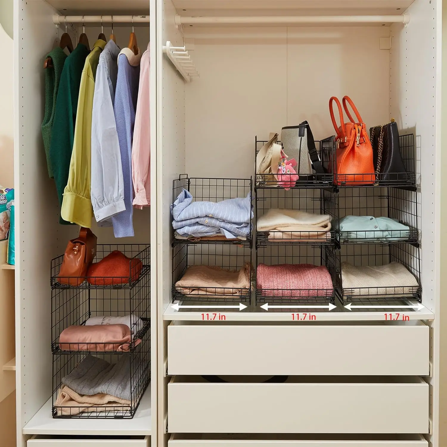 

3-Tier Sliding Closet Organizers and Drawer Storage Shelves - Stackable Storage Bins for Jeans, Pants, and Sweaters