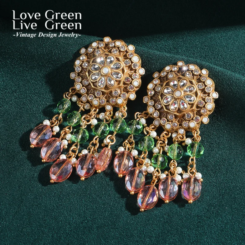 

Luxury Rhinestones Sunflower Flower Large Drop Earrings Dangle Natural Stone Pink Glass Gold Color Accessories Jewelry Woman