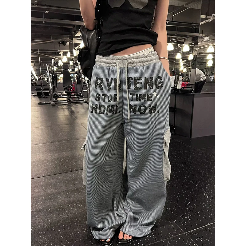 Women Black Letter Print Sweatpants Baggy Pants Harajuku Dance Pants Japanese 2000s Y2k Vintage Stripes Cargo Trousers