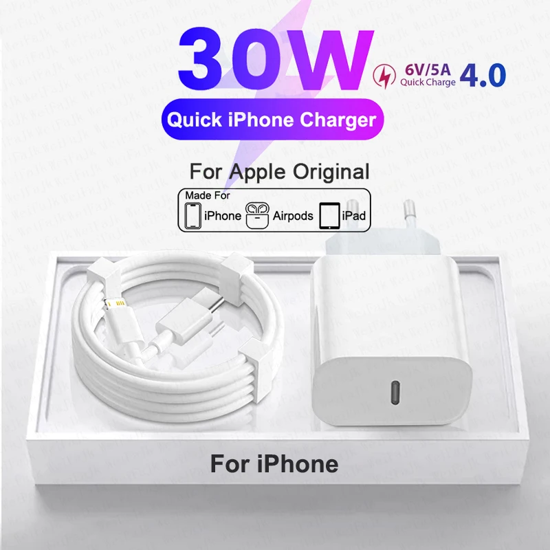 For Apple Original 30W Quick Charger For iPhone 11 13 12 14 15 16 Pro Max Mini XR XS X 8 Plus Fast Charging Type C iPhone Cable