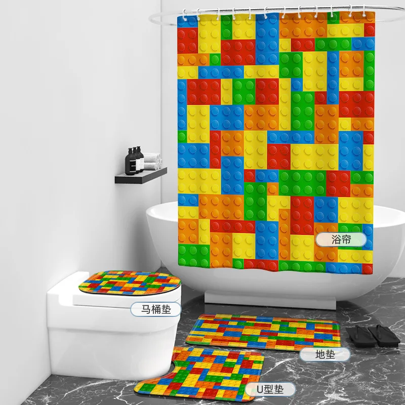 

Building Block 3D Printed Bathroom Set Together Shower Curtain Rug Set Bathroom Mats Rugs Toilet Decor Mat 01