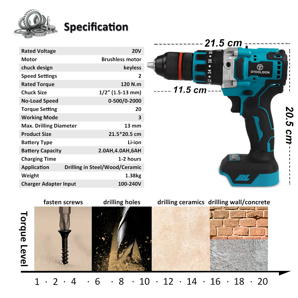 New 13mm Brushless Impact Drill Electric Screwdriver Cordless Impact Drill Body Compatible 1840 1850 1860 MT Series 18V Battery