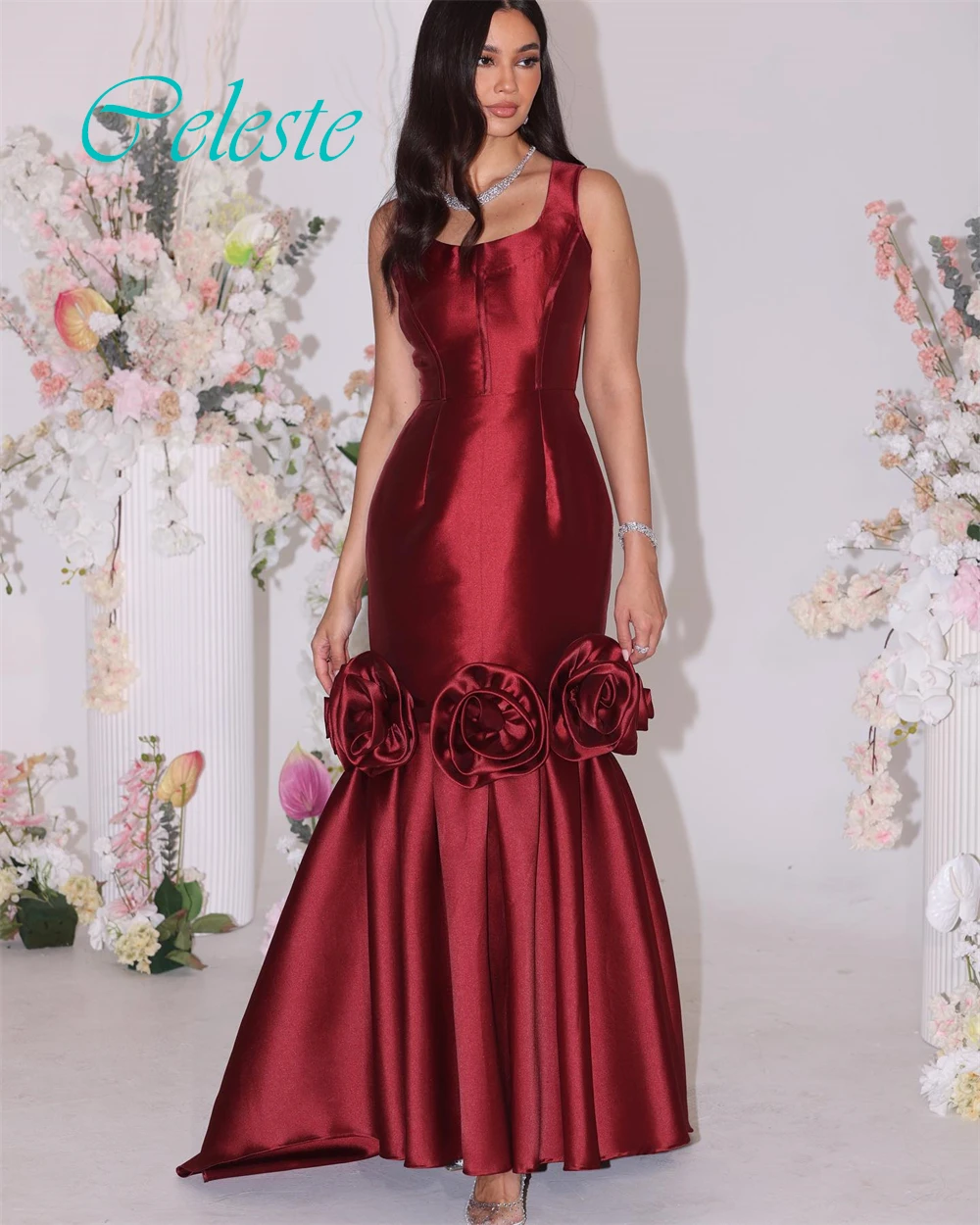 فستان سهرة مخصص بأشرطة سباغيتي رشيقة وفساتين مناسبة خاصة من الساتان الرائع وفساتين حفلات الزهور الرقيقة