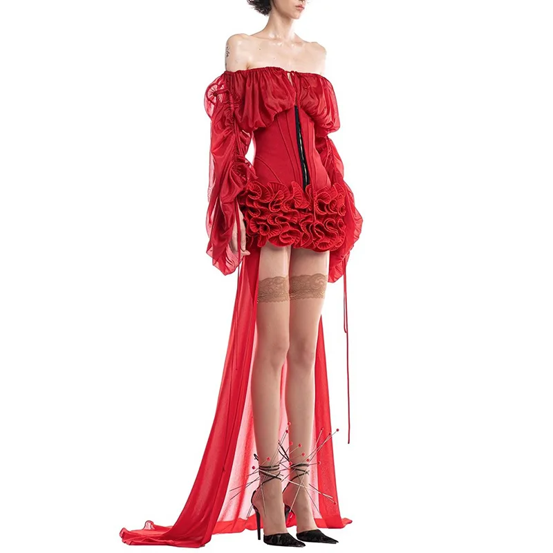 여성 레드 슬림 드레스 섹시한 오프 숄더 긴 소매 셔링 프릴 미니 드레스 트레일링 이브닝 파티 칵테일 가운