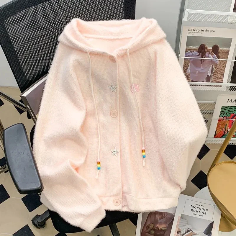

Japanese Sweet Knit Cardigan Women Chic Button Embroidery Lazy Wind Hooded Sweater Loose Casual Preppy Cute Lace Up Pink Tops