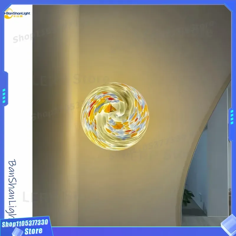 Dopamine Stained Glass Wall Lamp Round Ball Moon Light Medieval Bauhaus Style Bedroom Bedside Aisle Entrance Decor Lighting