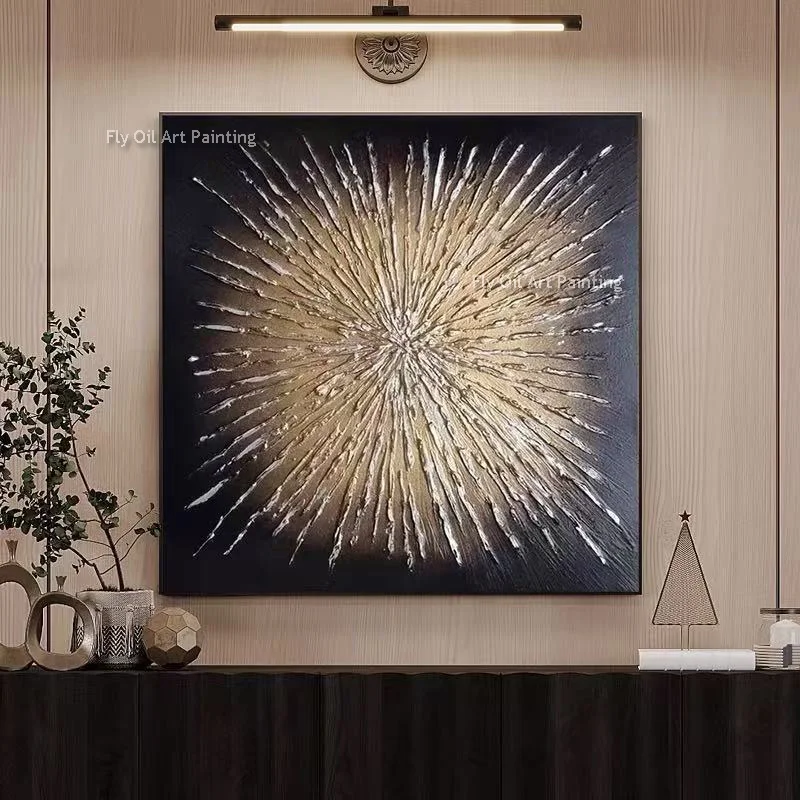 Special Design Hand Drawn Gray And Silver Circle Texture Thick Oil Painting Beige Gold Abstract Wall Art Gold Foil Art Decor