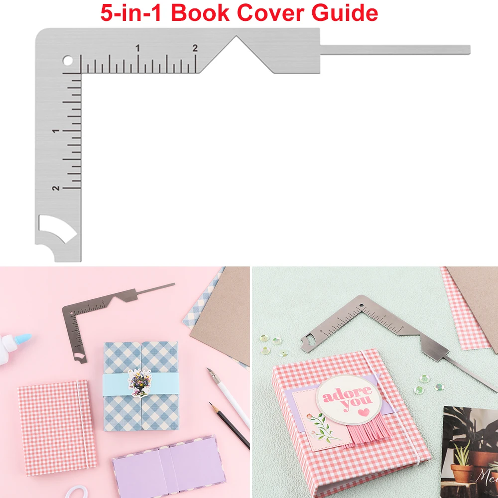 

5-in-1 Book Cover Guide Stainless Steel Metal Bookbinding Cover Tool for Scribe Marking Album Notebook Scrapbooking Gauge Ruler