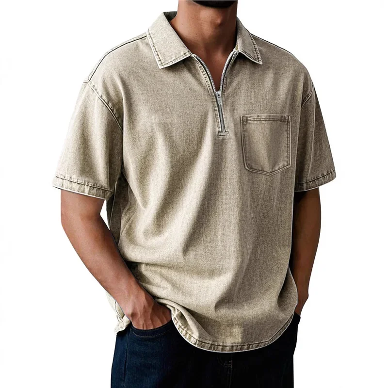 Summer Cotton Polo Shirt Men Short Sleeve Turn Down Collar Pull On Polos Solid Breathable Casual Tops