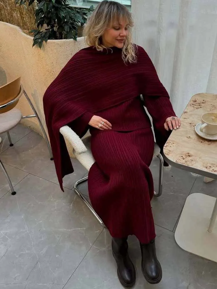 BKQU Gonne maglione lavorato a maglia Set da 3 pezzi per donna Pullover caldo ampio con scollo a O con sciarpa Gonna lunga a vita alta Abiti autunno inverno