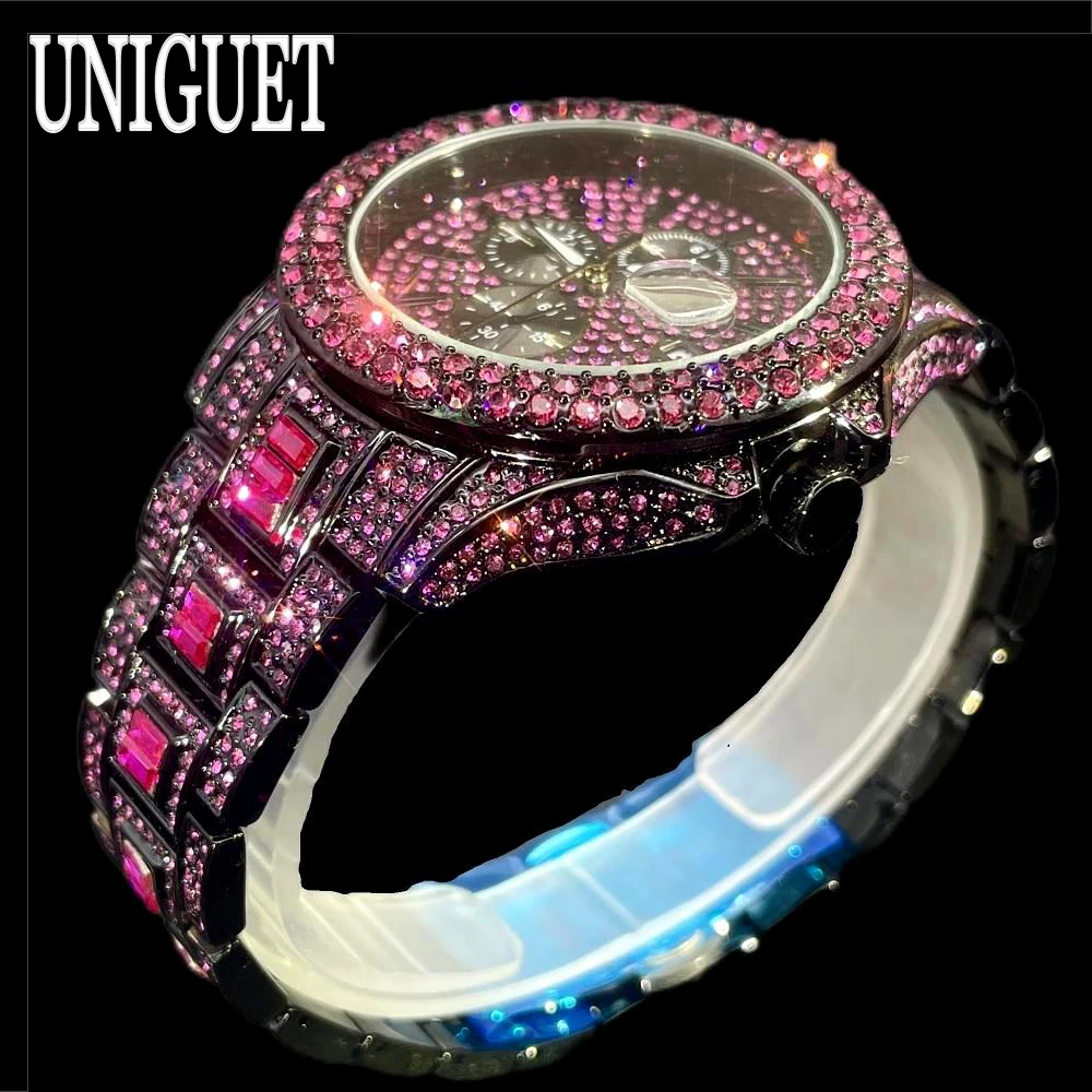 2024 UNIGUET Fashion Rose Diamonds Watch For Men Luxury Stainless Steel Auto Day Quartz Watches Man Hip Hop Iced Out Wristwatch