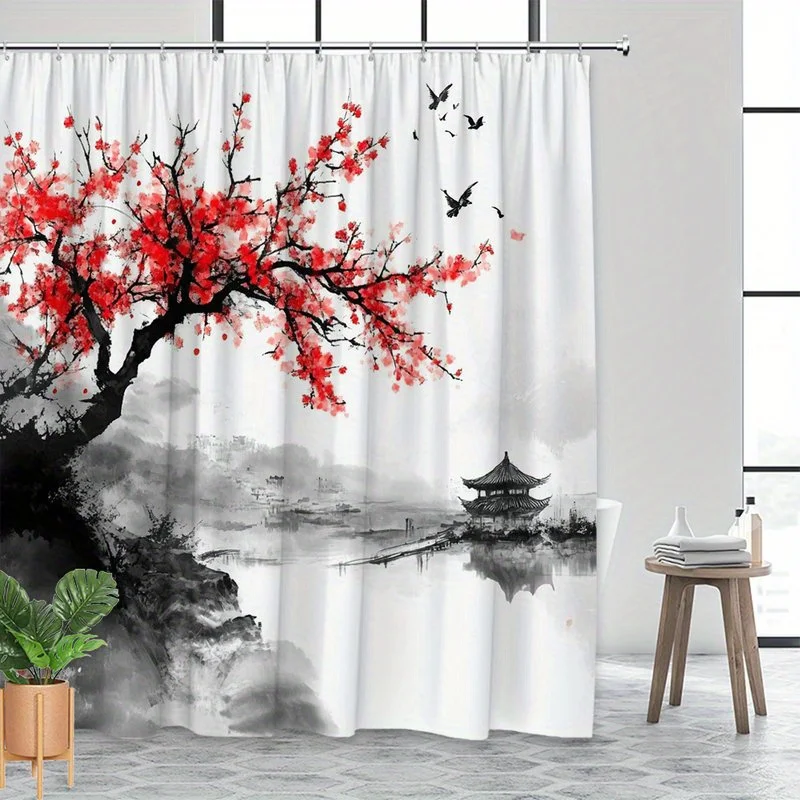 

Цельная занавеска для душа восточно-азиатской вишни, полиэфирная ткань, которую можно стирать в машине, подходит для украшения ванной комнаты