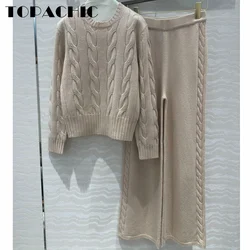 8.18 TOPACHIC Women Solid Twist Flower O-Neck Sweater With Straight Wide Leg Pants Cashmere Knit Comfortable Two Piece Set