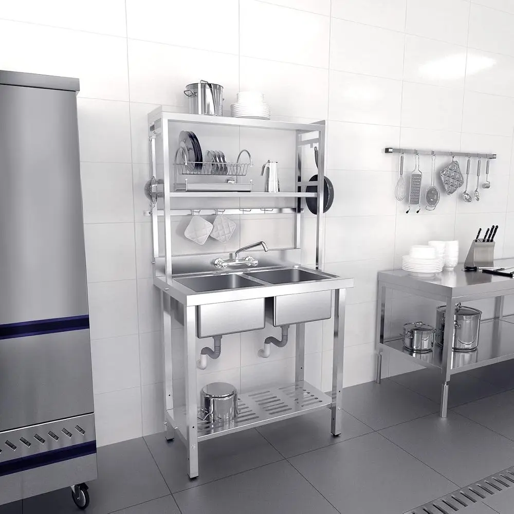 

67 Dual Basin Stainless Steel Commercial Sink with Shelves Above and Drying Rack Below