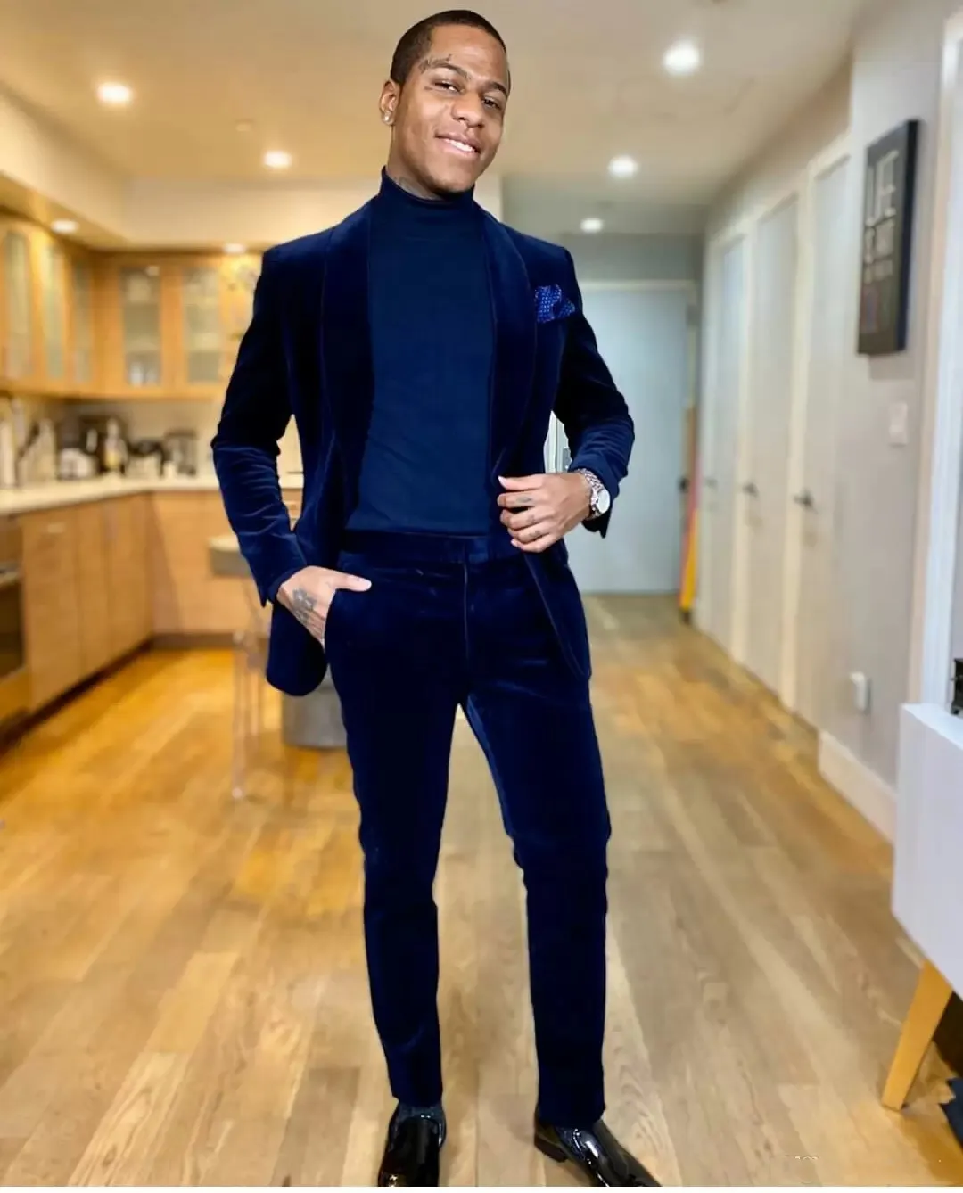 

2023 Dark Navy Velvet Men Suits Blazer Wedding Suit Prom Slim Fit 2 Pieces Groom Tuxedos Best Mens Party Suits (Jacket+Pants)