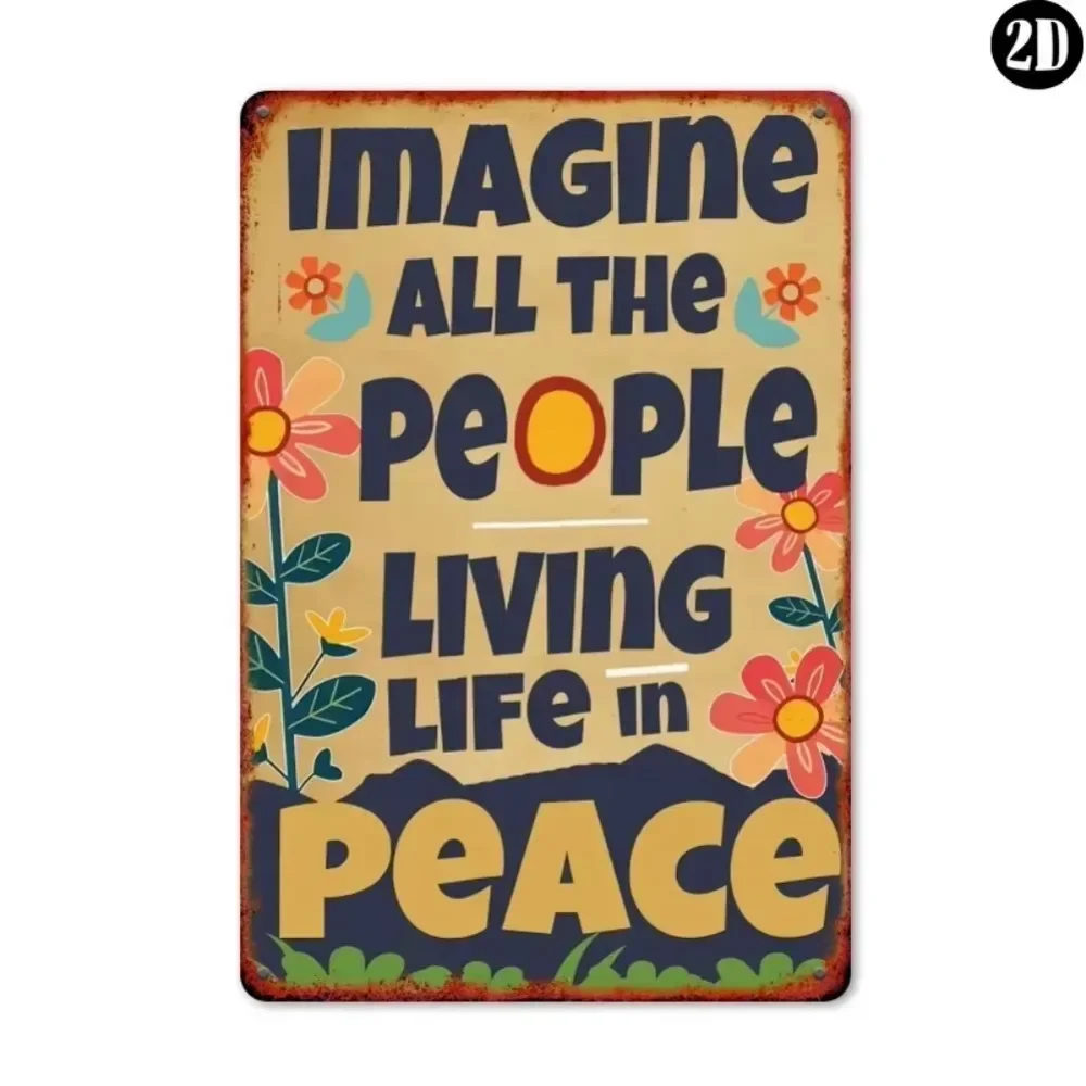 Imagine All The People Living Life In Peace Metal Tin Sign, Vintage Retro Flower Peace Quote Wall Art Decor, Rustic Inspirationa